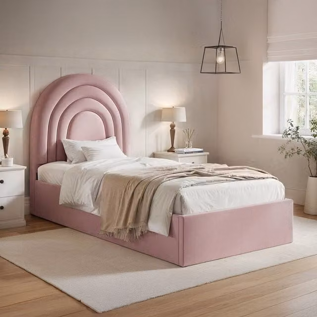 Flair Modern Upholstered Ottoman Bed in Pink with Bouclé and Velvet Finish, W: 90 cm, L: 200 cm