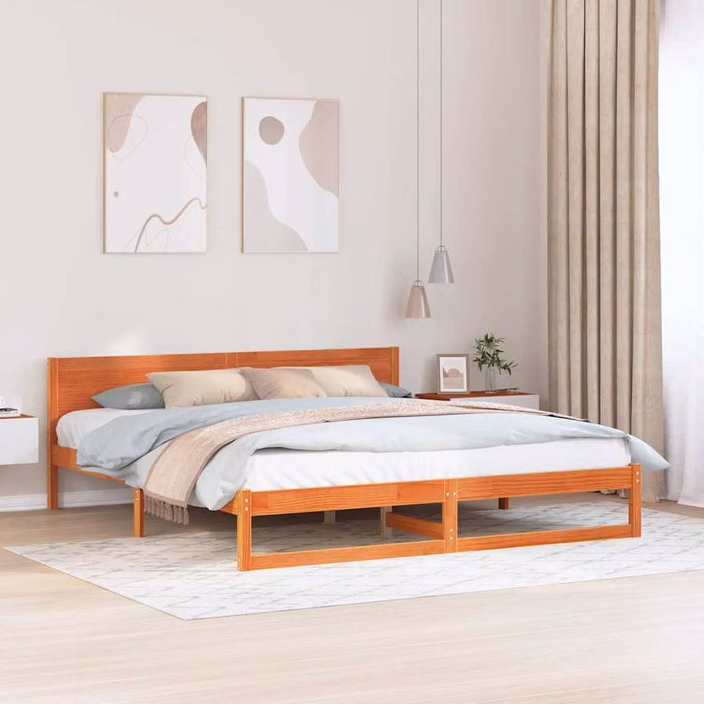 Berkfield Home Elegant Bed Frame in Waxed Brown Solid Pine Wood, W/D/H: 200 x 200 x 70 cm – 2