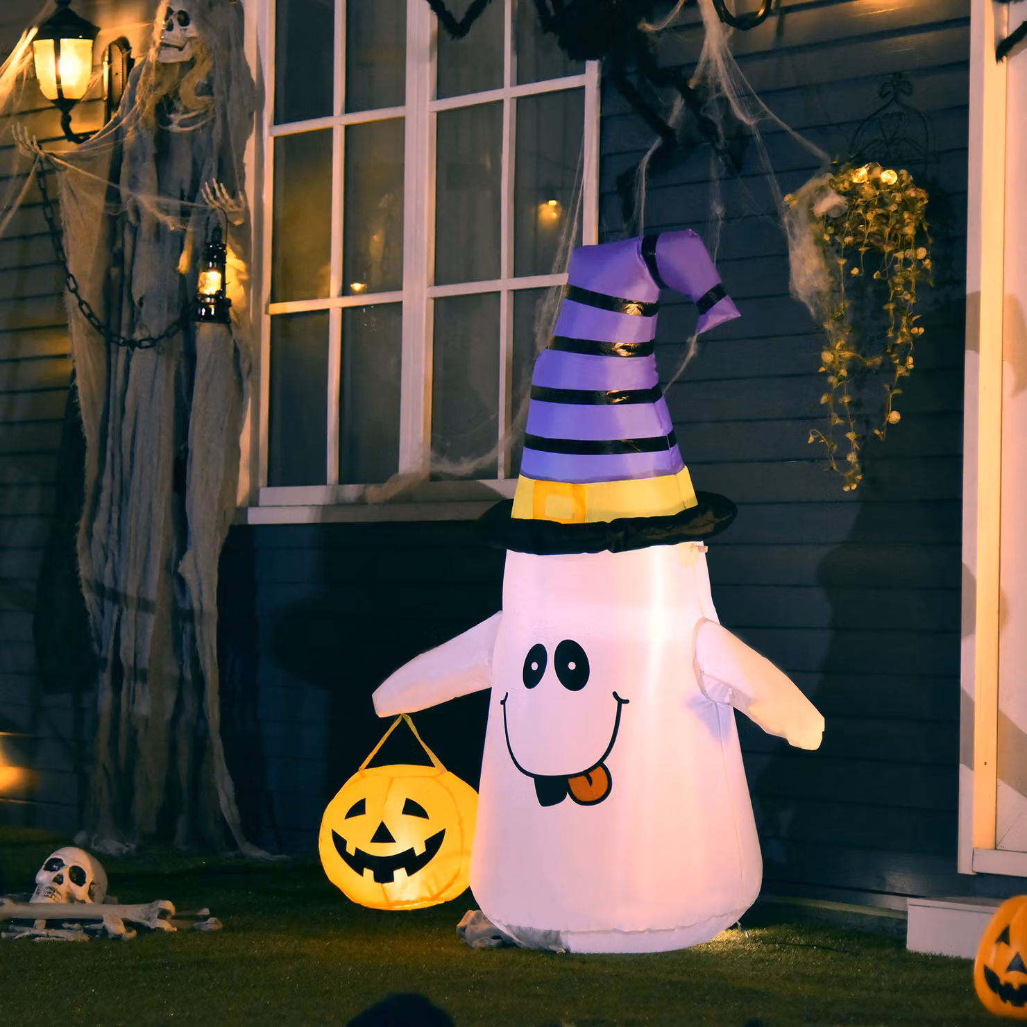 HOMCOM 1.2m Witch Ghost Halloween Inflatable Decoration with LED Lights and Pumpkin Lantern in White – 2