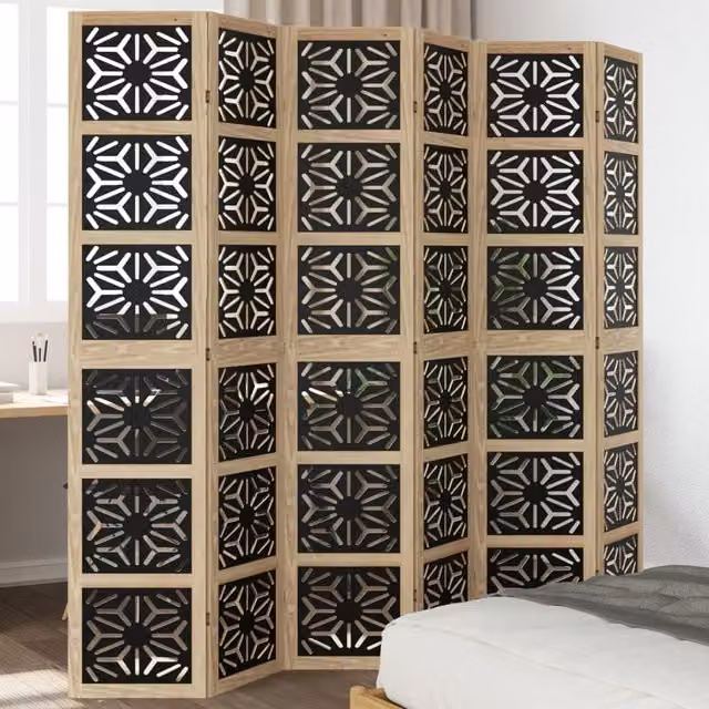 Berkfield Home 6-Panel Geometric Room Divider in Brown and Black Solid Paulownia Wood – 1