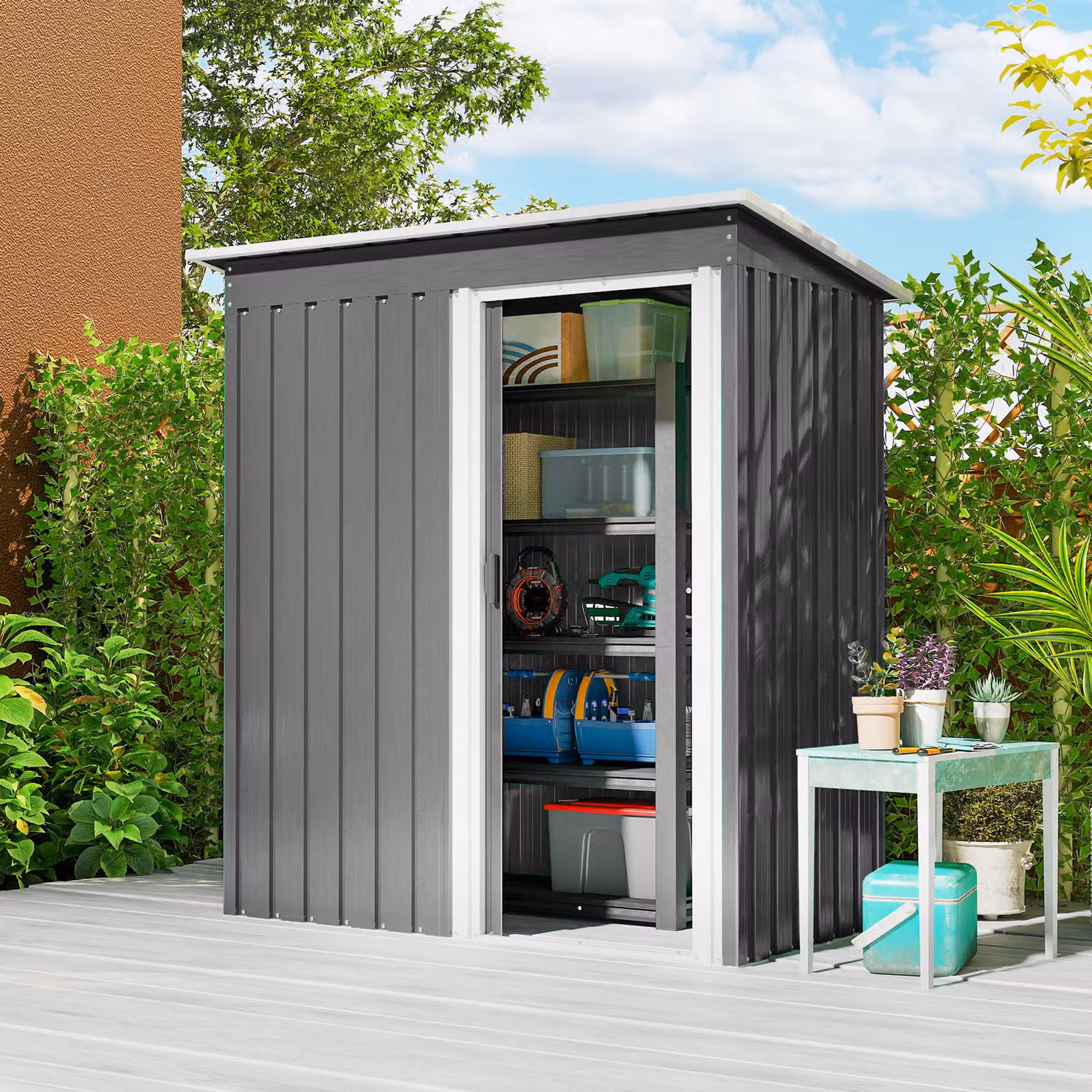 Outsunny Grey Metal Garden Storage Shed with Sliding Door and Sloped Roof – 2