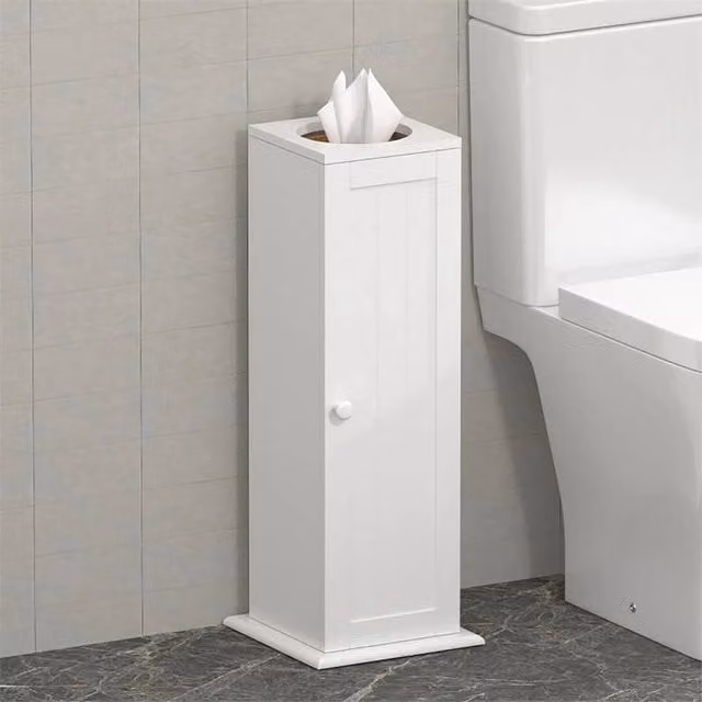 Nordara White Wooden Freestanding Toilet Paper Holder and Bathroom Storage Stand – 1
