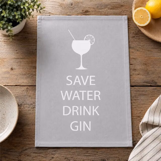 60 Second Makeover Limited Grey Save Water Drink Gin Cotton Tea Towel – 1