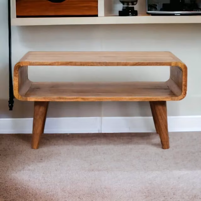 Aosom UK Solid Mango Wood Media Unit with Oak-Effect Finish and Open Shelf, Brown, W: 65 cm, D: 45 cm, H: 35 cm