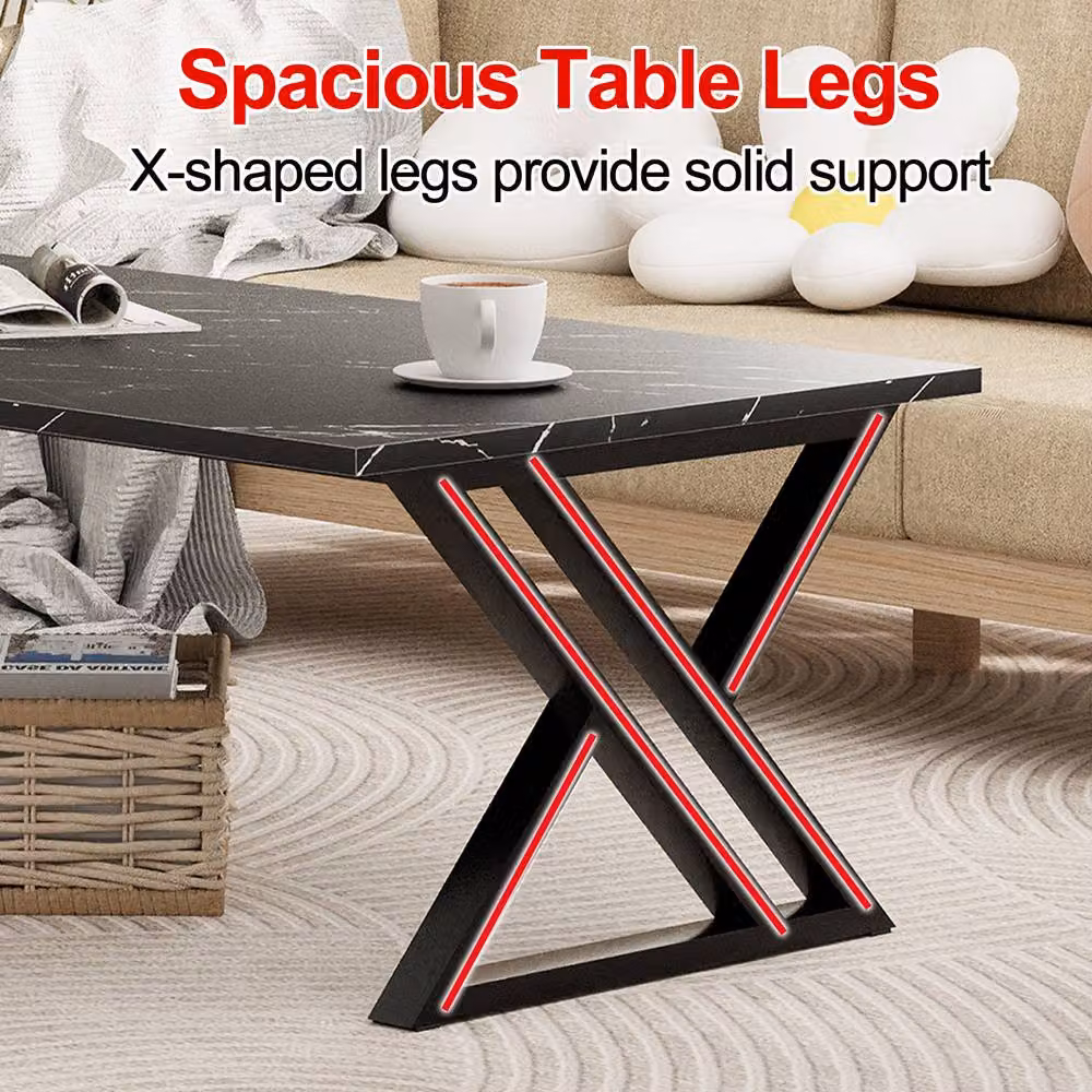 Huhote Modern Rectangular Coffee Table with Black Metal X-Frame and Composite Top – 3