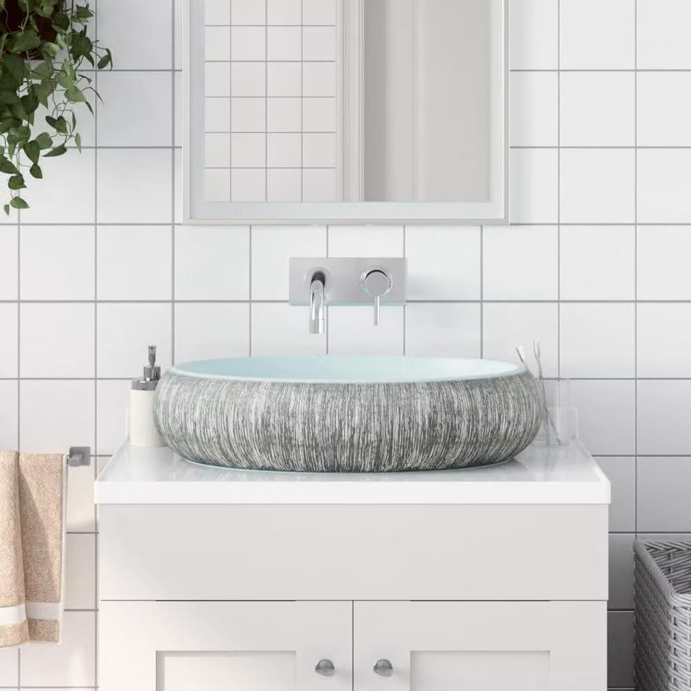 Berkfield Home Oval Ceramic Countertop Basin in Grey and Blue, W: 59 cm, D: 40 cm, H: 15 cm – 2