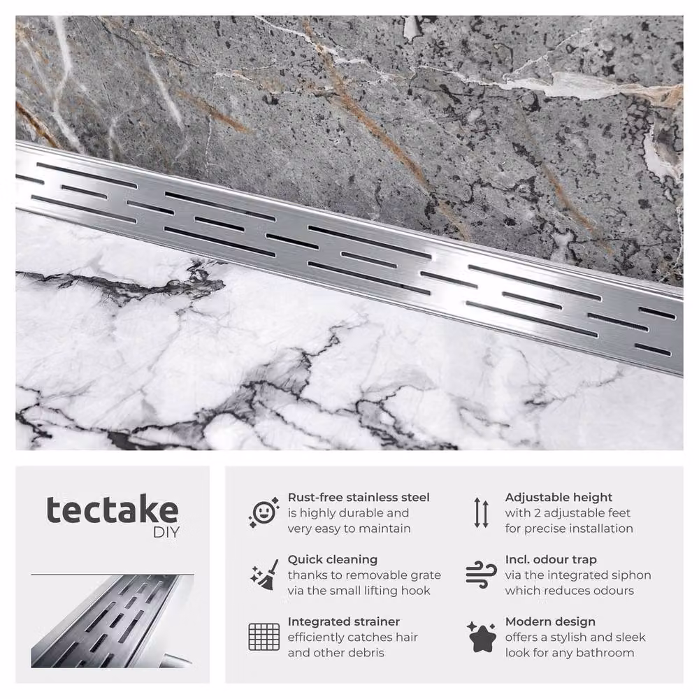 tectake Linear Channel Drain in Grey and Silver with Odour Trap and Hair Filter, Length: 100 cm – 2