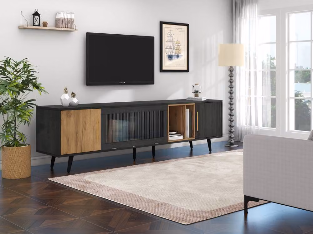 Matteo Modern Grey Wood TV Stand with Matt Finish and Glass Doors W/D/H: 200 x 55.5 x 40 cm – 6