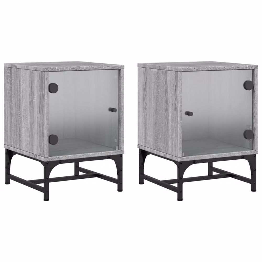 Berkfield Home Elegant Bedside Cabinets with Glass Doors, 2 Pack, Grey Sonoma, W/D/H: 35 x 37 x 30 cm – 2