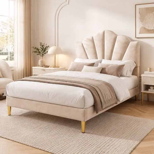 STILVORA Single Upholstered Velvet Bed with Storage in Beige and Gold, W/D/H: 90 x 190 cm