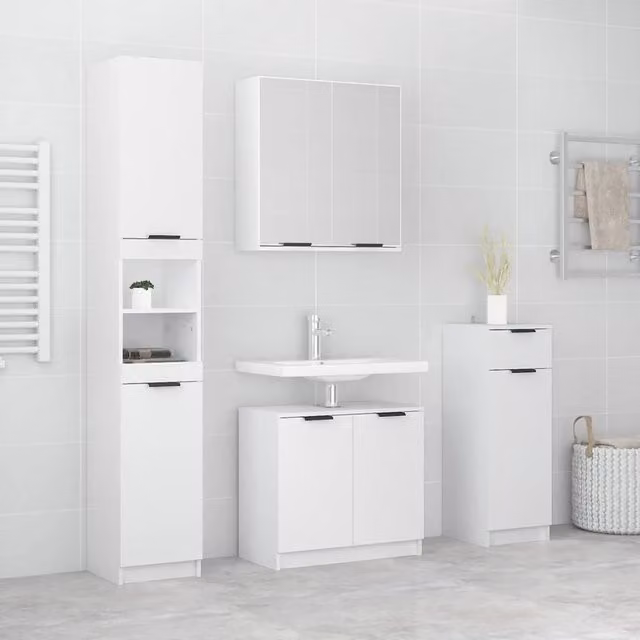 Berkfield Home 4 Piece White Modern Freestanding Bathroom Cabinet Set with Tall Cabinet and Hinged Doors