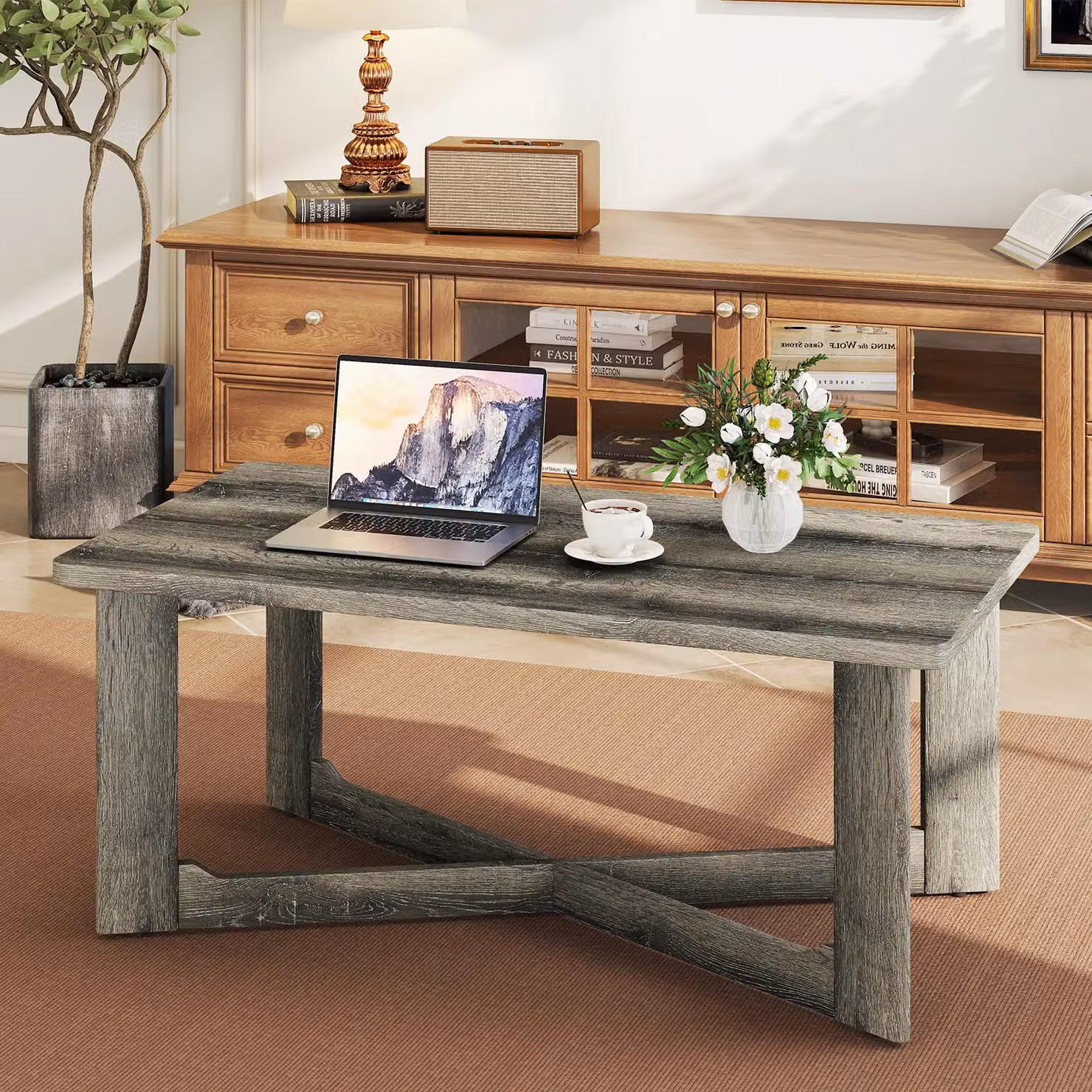 Costway Rectangular Coffee Table in Grey with Rustic Rubberwood Finish – 4
