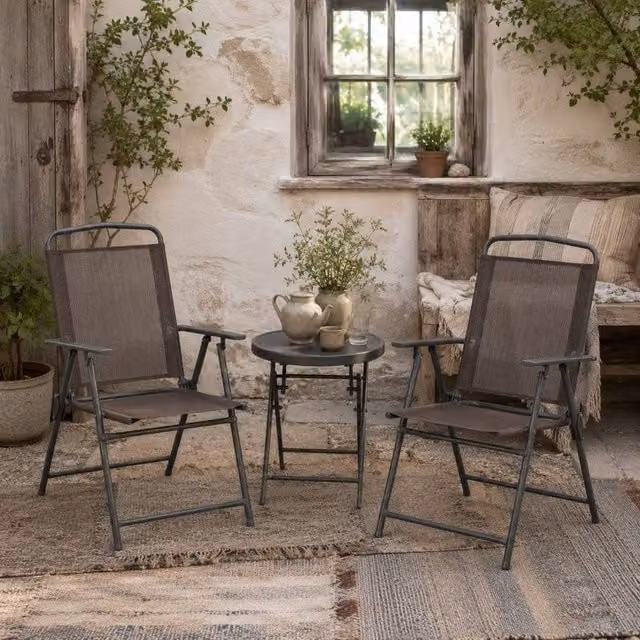 Wyld Haus 3 Piece Brown Folding Garden Seating Set with 2 Mesh Chairs and Table – 1