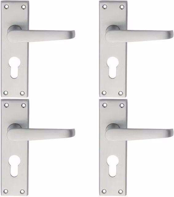 Loops 4x Pair Straight Victorian Handle on Euro Lock Backplate in Satin Chrome, W: 15.0 cm, H: 4.3 cm