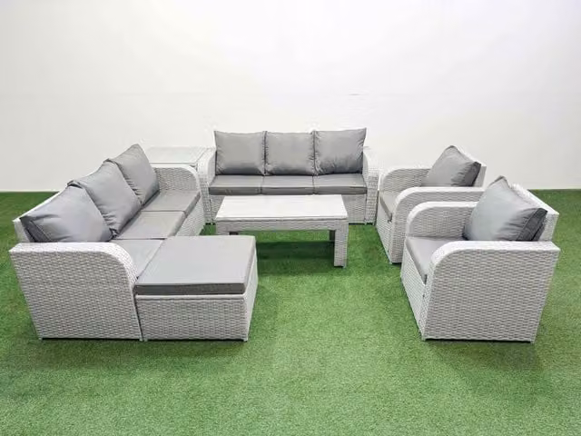 Fimous PE Rattan High Back Lounge Sofa Set in Light Grey with 3 Seater Sofa, Reclining Chair, Ottoman, Side Table and Oblong Coffee Table