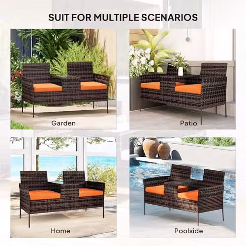 Outsunny Rattan Garden Set with 2 Seater Outdoor Sofa, Coffee Table and Cushions in Brown and Orange – 6