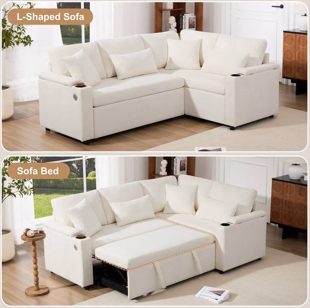 STILVORA L-Shaped Sofa Bed in Beige with USB Charging, Cup Holders and Storage – 3