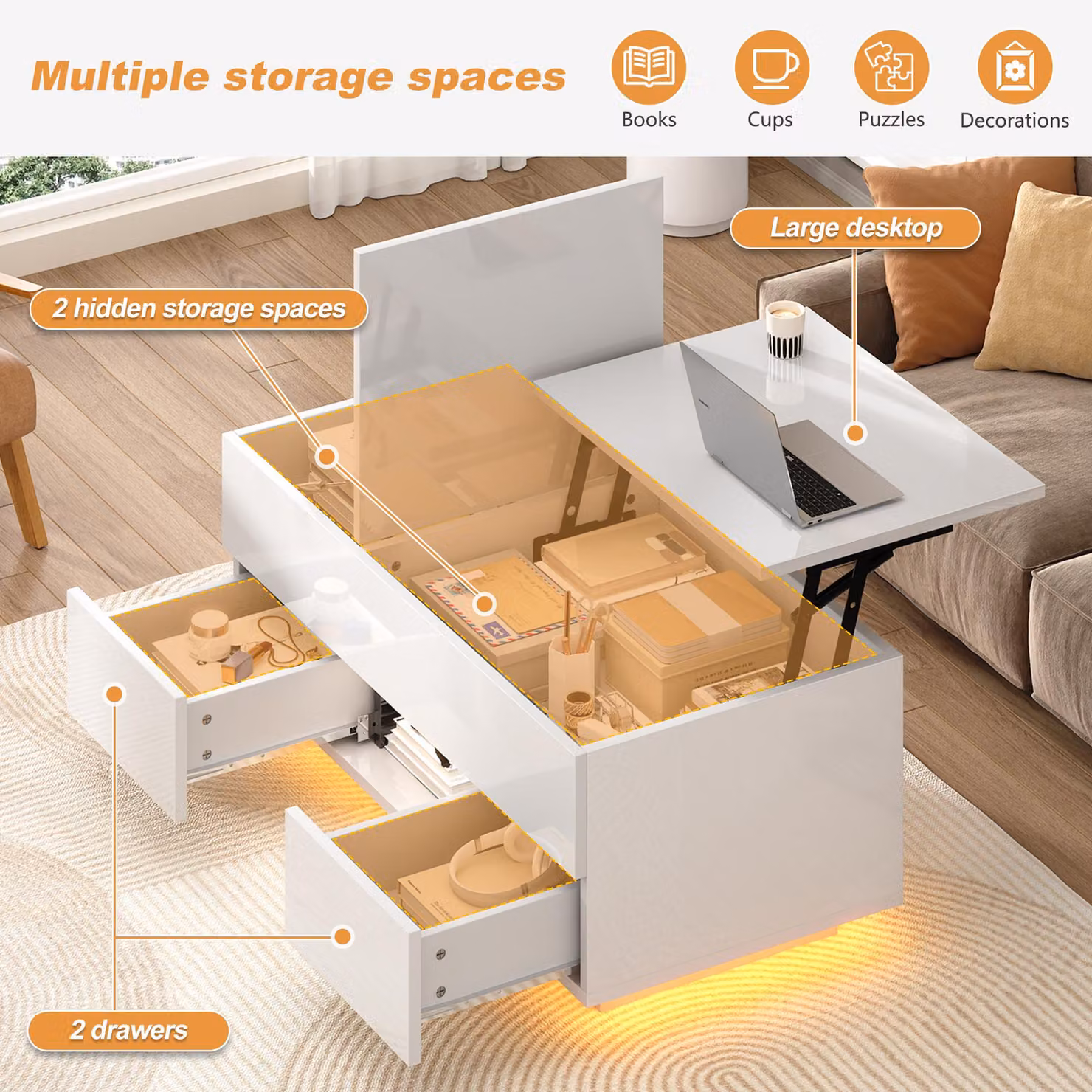 Aosom UK White High-Gloss Lift-Top Coffee Table with App-Controlled RGB LED Lights and Hidden Compartment, W: 100 cm, D: 45 cm, H: 43 cm – 3