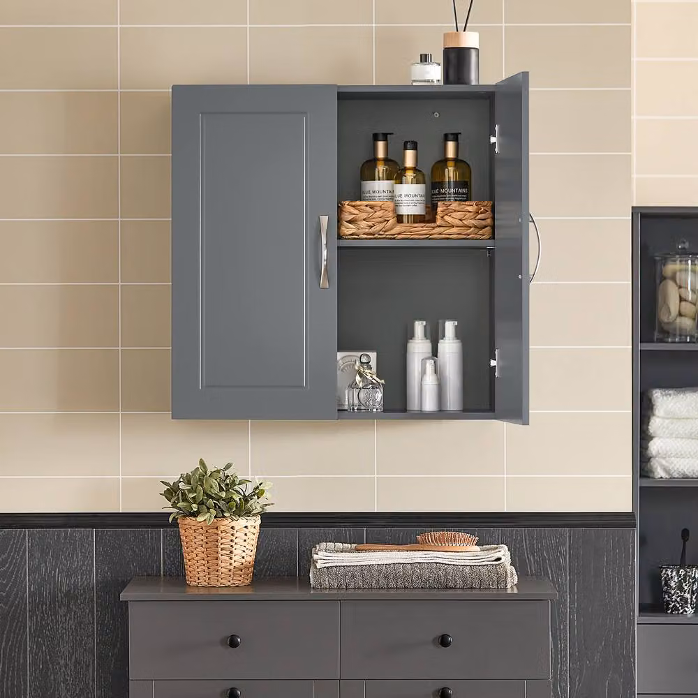 SoBuy Wall-Mounted Storage Cabinet in Grey with Hinged Doors and Internal Shelves, W: 60 cm, H: 60 cm, D: 30 cm – 5