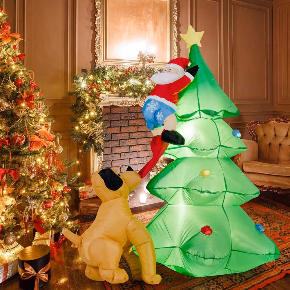 Gymax Inflatable LED Dog Chasing Santa to Christmas Tree Decoration, Green, Height: 180 cm – 2