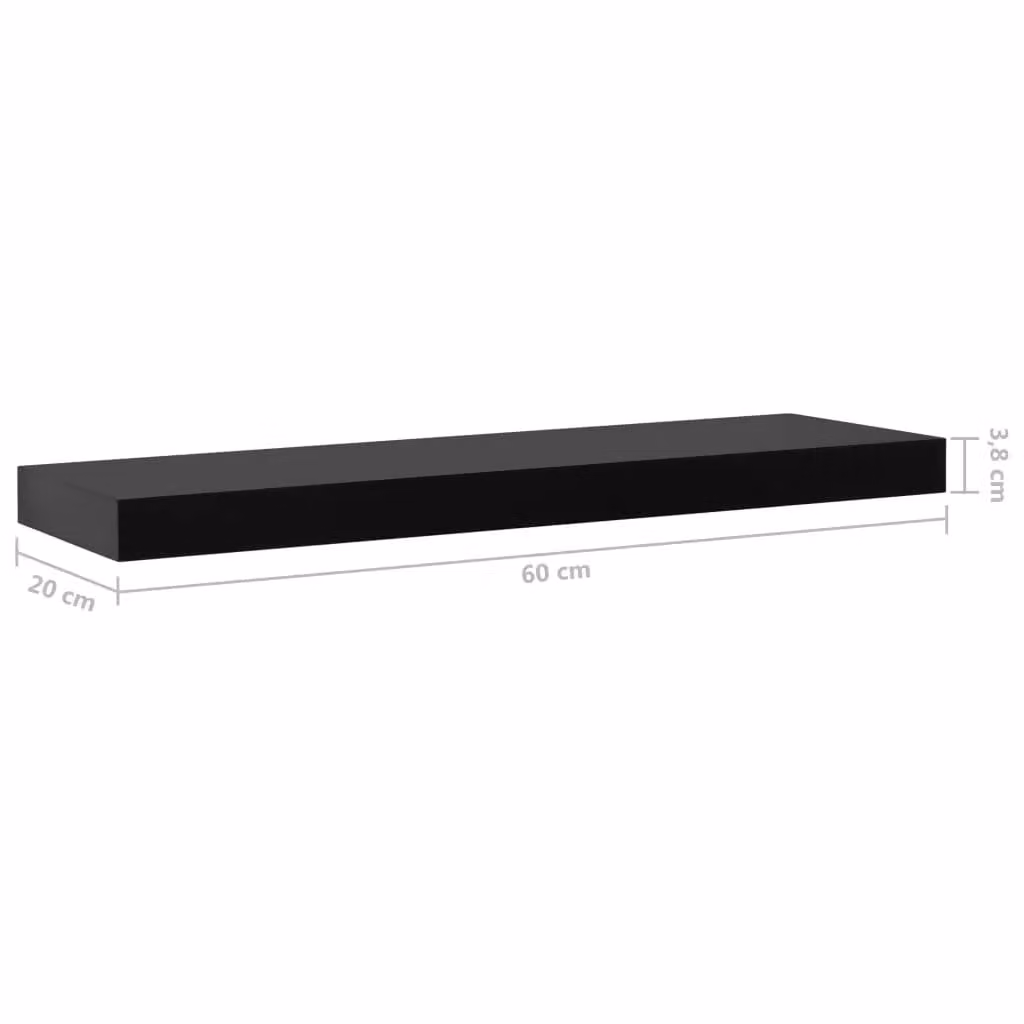 Berkfield Home Set of 2 Black Lacquered Floating Wall Shelves, W: 60 cm, D: 20 cm, H: 3.8 cm – 5