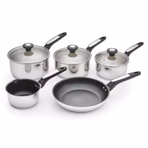 Morphy Richards 5 Piece Stainless Steel Pan Set with Ceramic Coating and Glass Lids in Silver