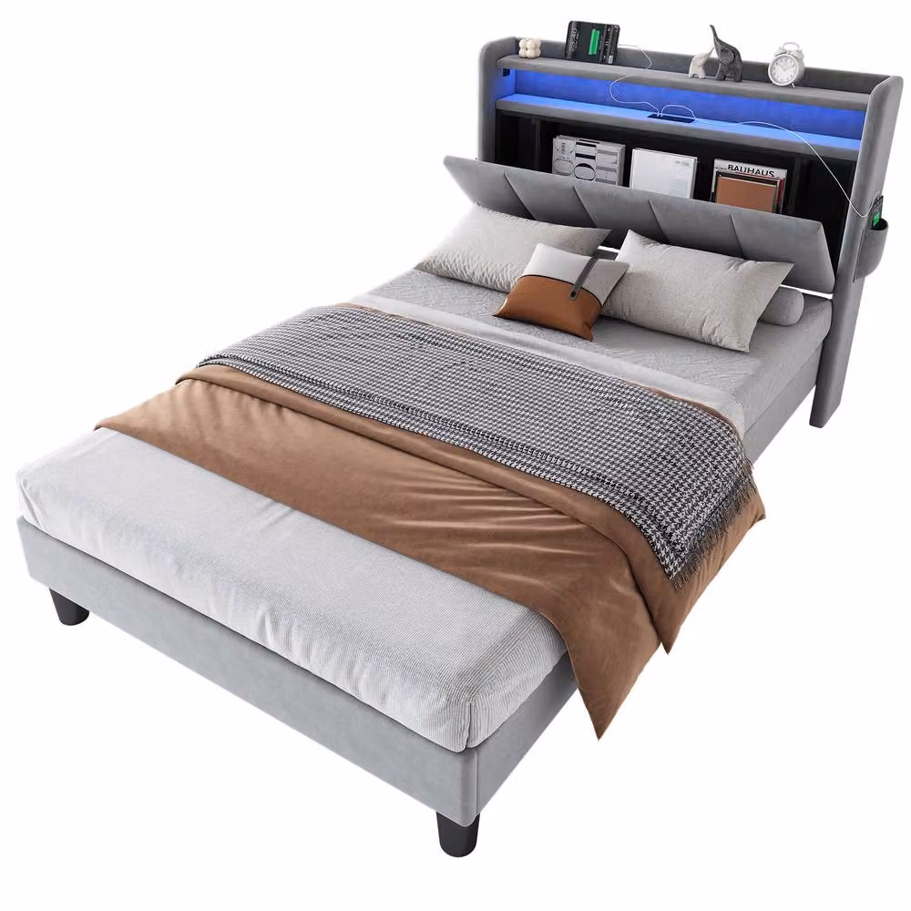 ModernLuxe Upholstered Kids Single Bed in Grey with LED Lighting, USB Charging Port and Storage Headboard, W/D/H: 90 x 190 x 107 cm – 7