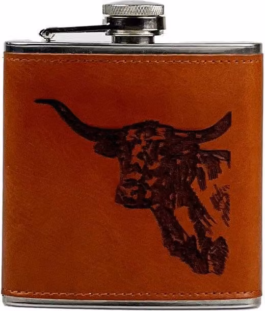Selbrae House Texas Longhorn Leather Hip Flask in Brown