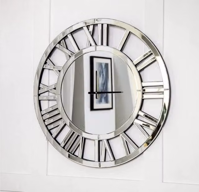 Biznest Large Round Mirrored Wall Clock in Silver, Diameter: 80 cm