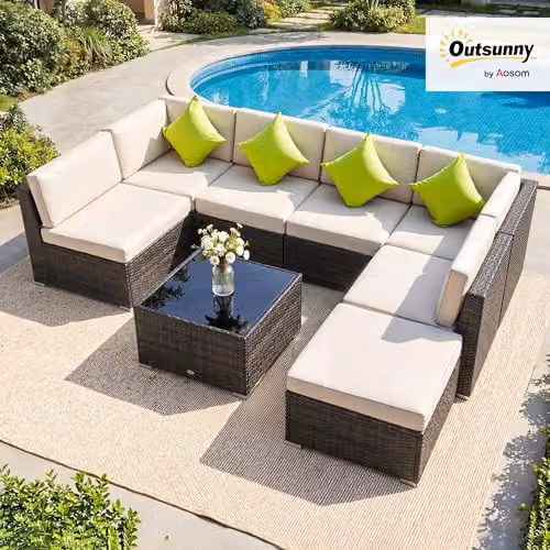 Outsunny 7-Seater L-Shape Rattan Garden Furniture Set with Upholstered Cushions, Ottoman and Coffee Table, Brown – 10