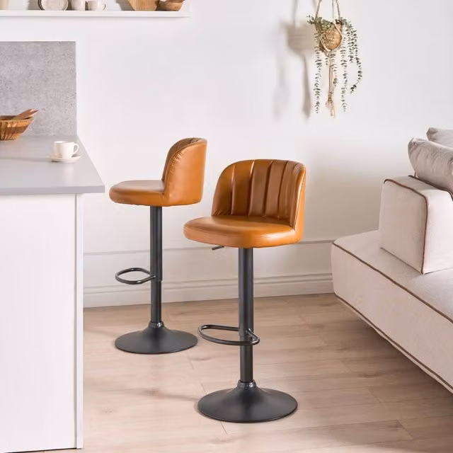Wyld and Coco Set of 2 Retro Brown Faux Leather Swivel Bar Stools with Metal Base – 1