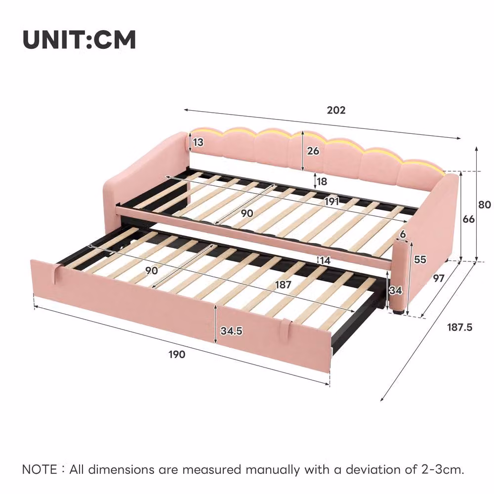 Rolipo Pink Velvet Petal Daybed with Trundle and RGB LED Lights, W/D/H: 90 x 190 cm – 3