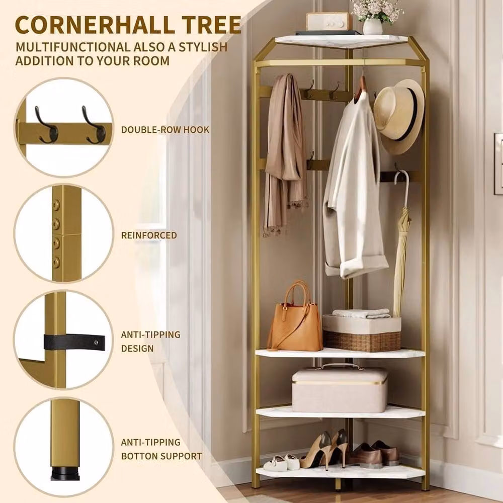 VOGREX Gold Modern Hall Tree with 3-Tier Shoe Rack and Coat Rail – 4