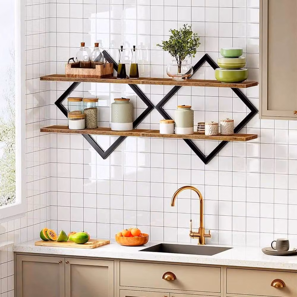 FORGEVIO 4 Pack Geometric Industrial Floating Wall Shelves in Matt Black Metal and Wood – 2