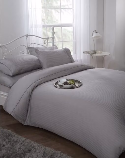 NewEdgeBlinds Silver and Grey Striped Mako Satin Cotton Duvet Cover and Pillowcase Set