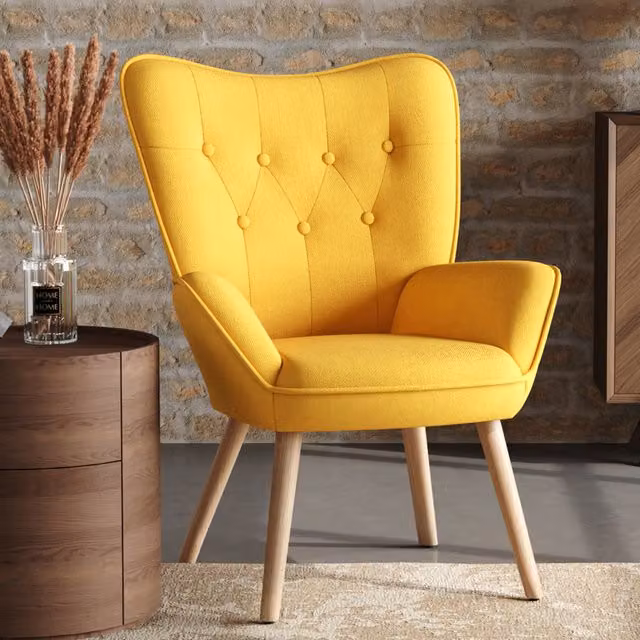 Livingandhome Mid-Century Yellow Linen Armchair with Armrests and Wooden Legs