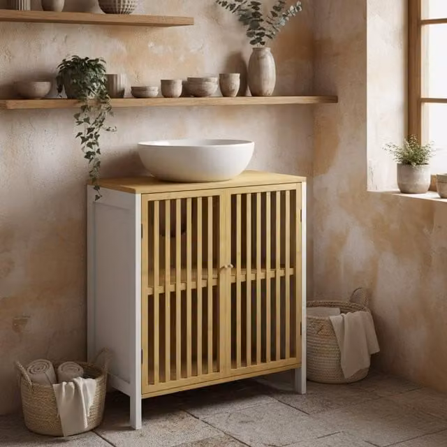 Wyld Haus Neyora Bamboo Under Sink Bathroom Cabinet in White, W/D/H: 70 x 30 x 60 cm