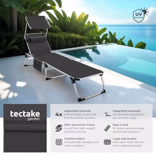 tectake Black Aluminium Folding Sun Lounger with Sun Canopy and Adjustable Headrest – 3