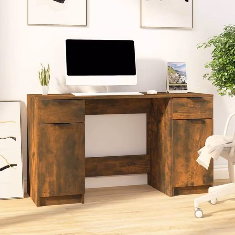 Berkfield Home Modern Writing Desk with Side Cabinet in Smoked Oak Brown