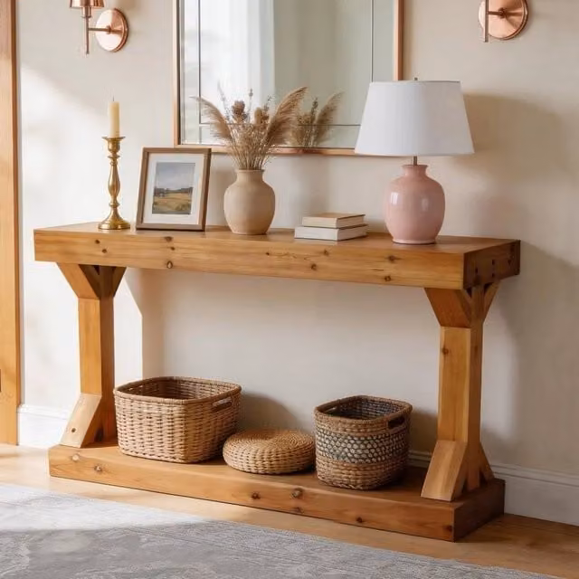 VOGREX Vintage Solid Wood Trestle Console Table in Brown – 1