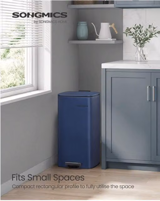 SONGMICS 30L Soft Close Steel Pedal Bin with Removable Inner Bucket, Blue, H: 28.5 cm, W: 28.5 cm, D: 30 cm