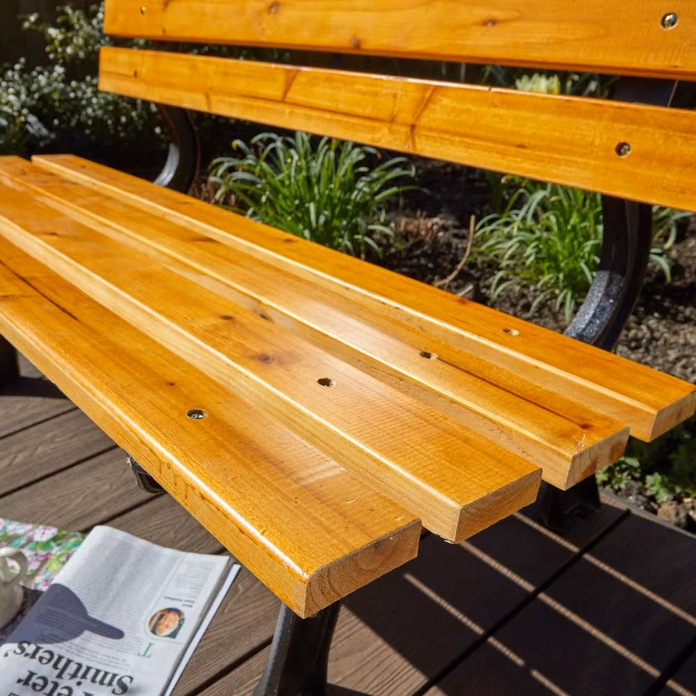 Home Source 2 Person Metal Framed Garden Bench with Wooden Seats in Natural – 2