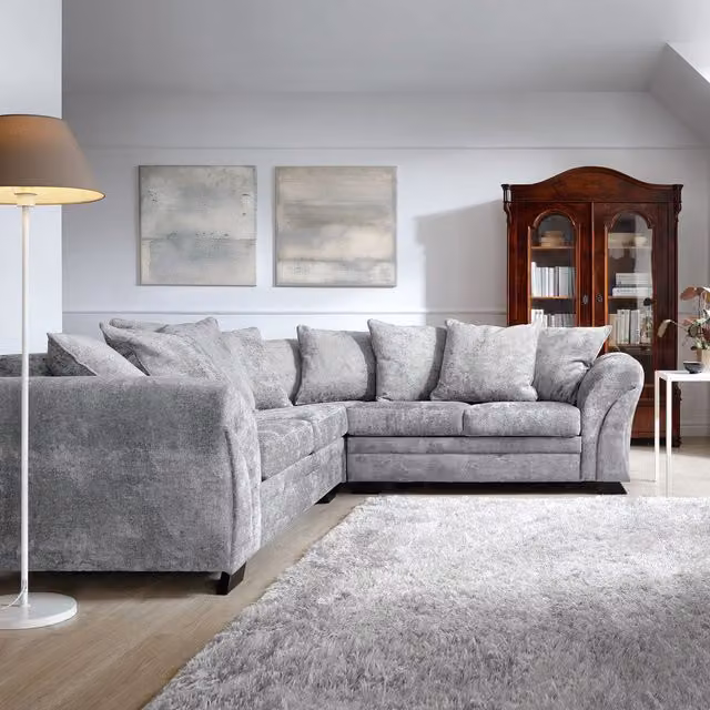 Abakus Direct Farrow Left Facing L Shaped Corner Sofa in Light Grey Crushed Chenille with Scatter Cushions – 1