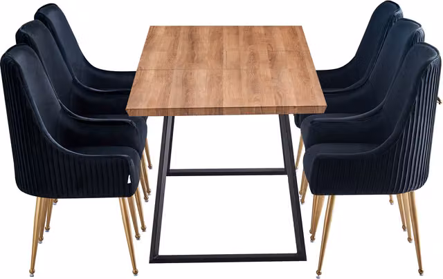Life Interiors Soho Toga LUX Extendable Dining Set with Rectangular Table and 6 Black Velvet Upholstered Chairs