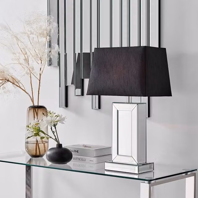 FurnitureboxUK Talia Table Lamp with Black Fabric Shade and Mirrored Base, Including Bulb