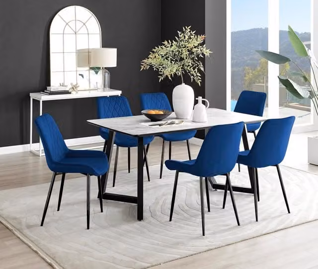 FurnitureboxUK Carson White Marble Effect Dining Table and 6 Pesaro Navy Upholstered Chairs with Black Legs – 1