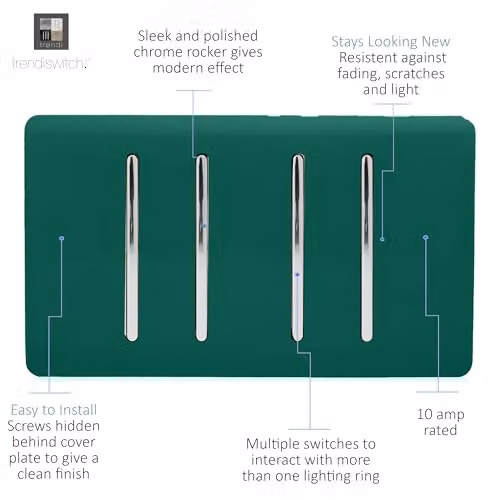 Trendi 4 Gang 2 Way Screwless Raised Front Quad Electrical Wall Light Switch in Dark Forest Green with Chrome Rocker – 2