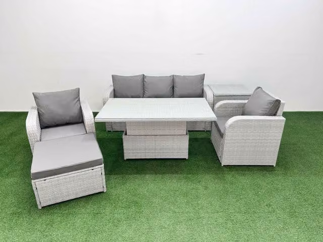 Fimous Grey PE Rattan Garden Furniture Set with Reclining Armchair, Ottoman and Coffee Table
