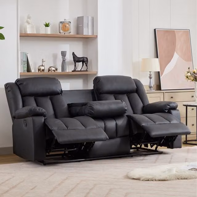 Sheridan 3 Seat Manual Recliner Sofa with Central Home Cinema Console in Black Synthetic Leather