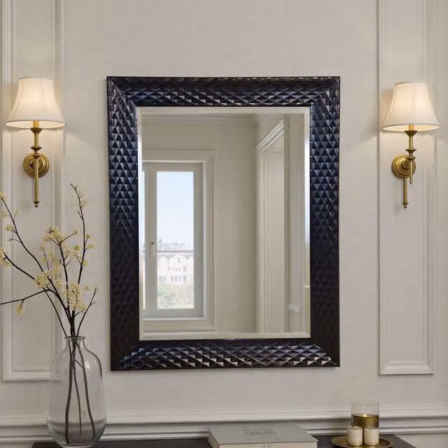 Yearn Diamond Bevelled Rectangular Wall Mirror with Black Geometric Frame
